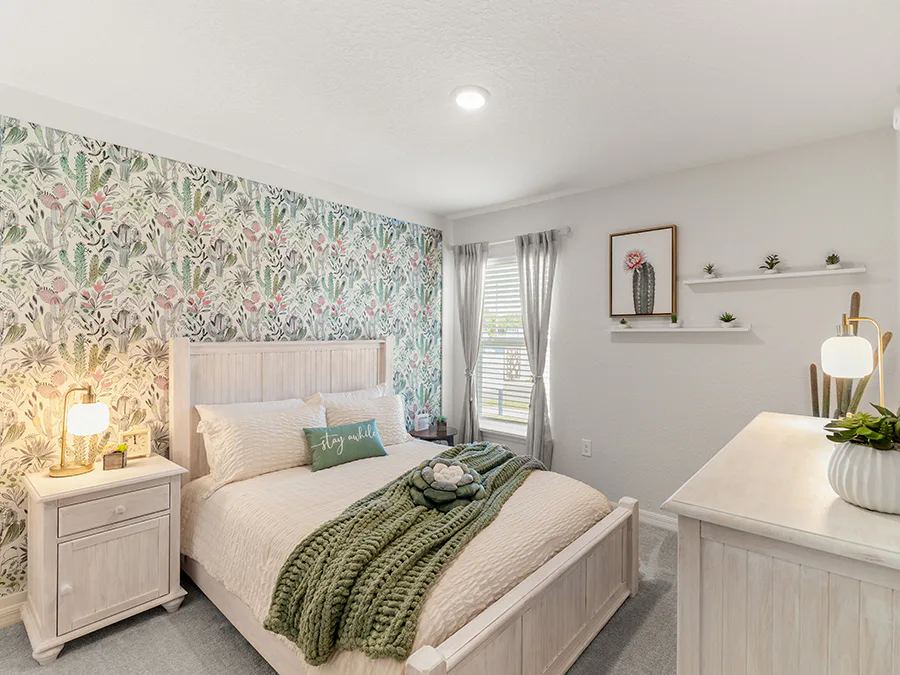 Wallpaper continues to be popular in hoe decor and is showcased in the Raychel model home by Highland Homes in Florida.