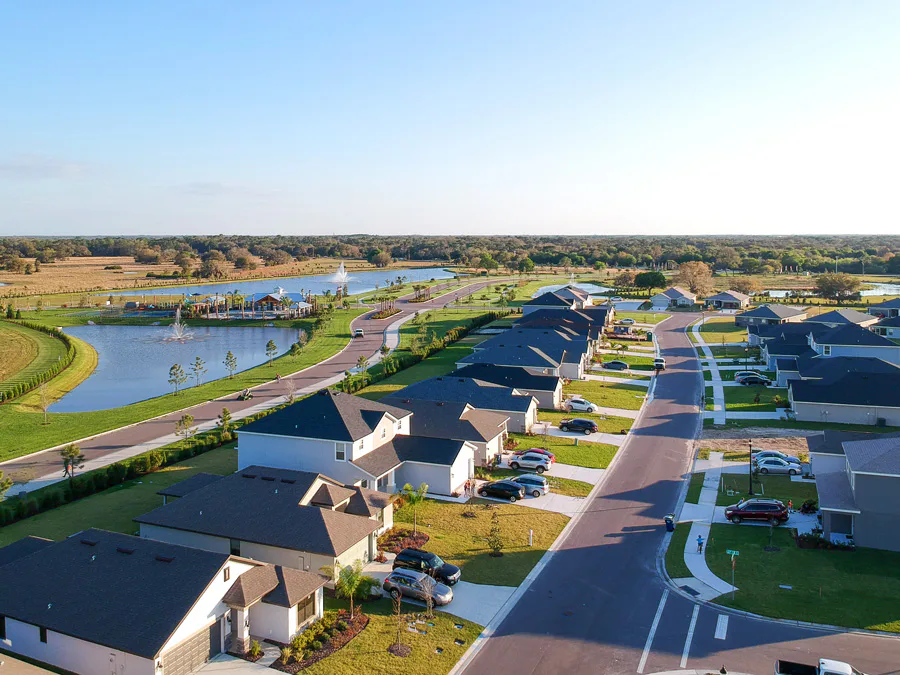 Aerial of new homes, lakes, and amenities in Aviary at Rutland Ranch in Parrish, FL