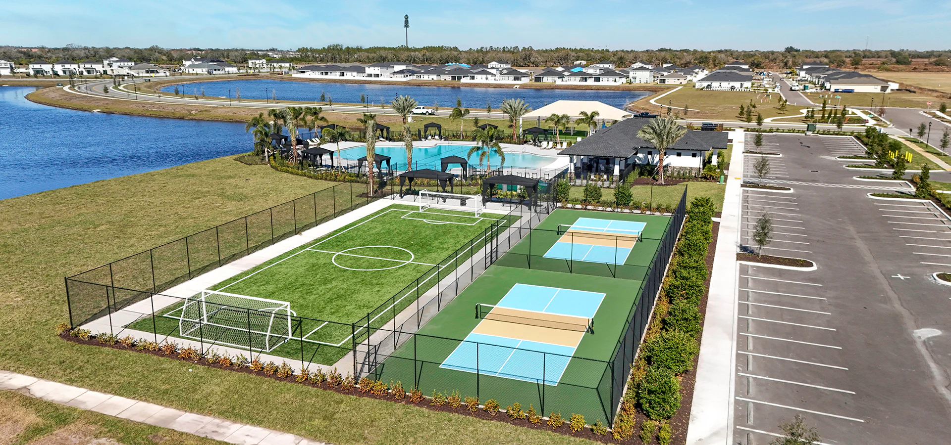 Aerial of the Cypress Ridge Ranch amenity center and lakes in the community